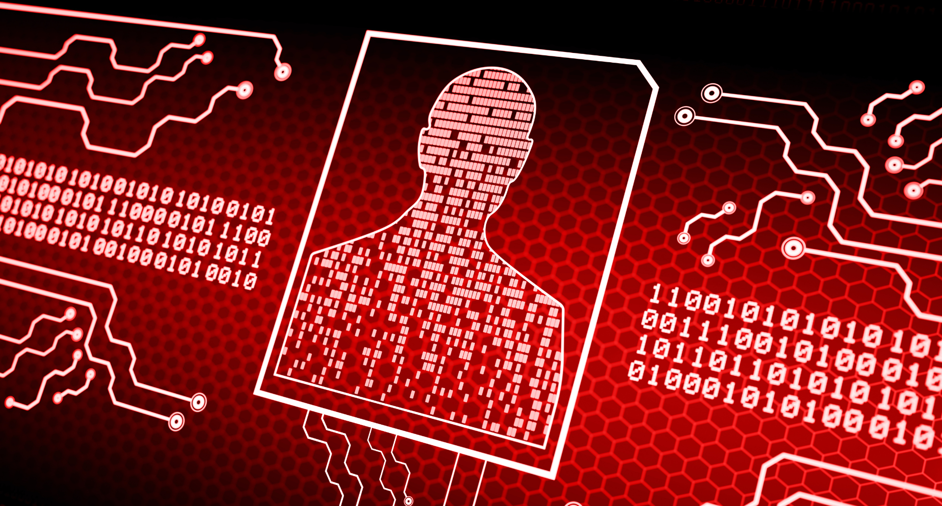 Digital graphic showing a silhouette formed from binary code against a red cyber threat background.